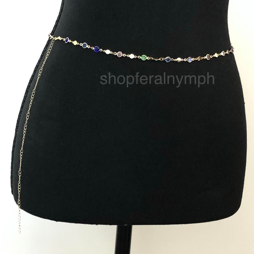 Y2K Cyber Multicolor Rhinestone Gold Chain Belt, Up to 37 Inches, X7GA1134